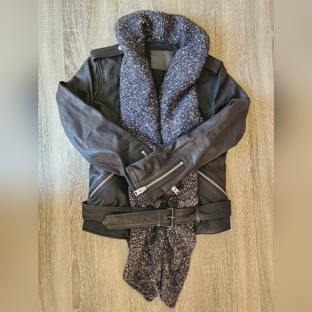 AllSaints Texture Wrap Leather and Wool Biker Jacket Size 8 - Picture 6 of 10
